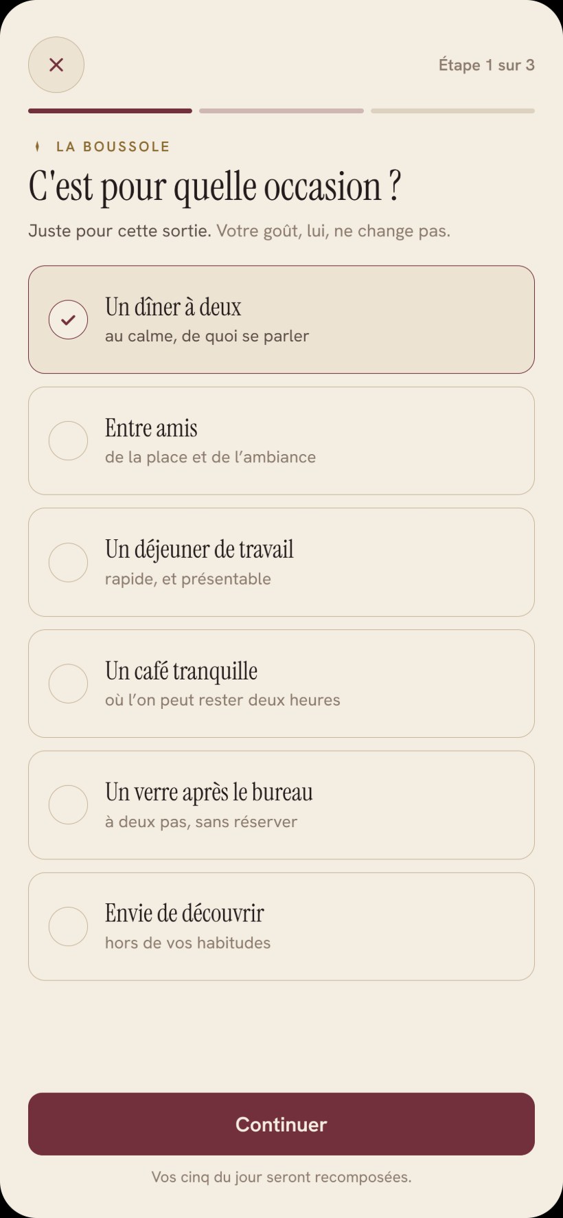 La boussole de Lyvoom : choisir l'occasion de la sortie pour recomposer les cinq adresses du jour