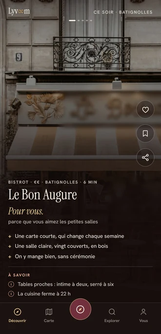 La fiche d’un lieu dans l’application Lyvoom : le verdict pour vous, en mots, et ce qu’il est bon de savoir